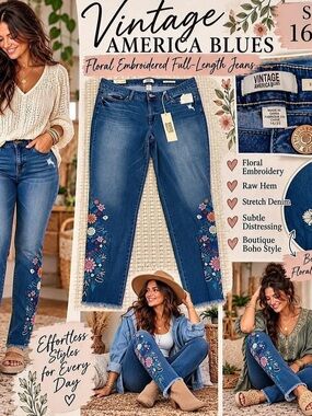 Vintage America Blues Floral Embroidered Full-Length Jeans